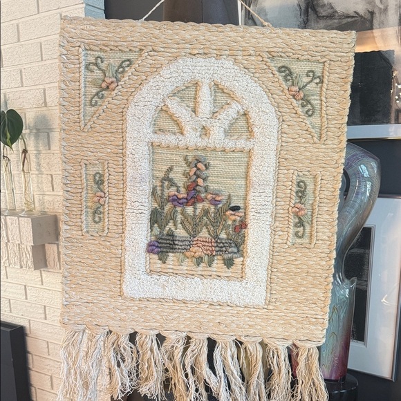 Handcrafted Floral Tapestry Wall Hanging - Cream and Green 26 x 24 - Picture 3 of 6